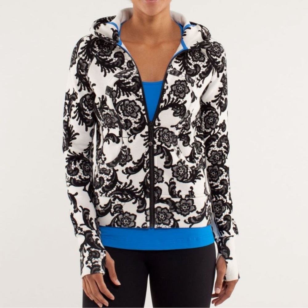 Lululemon Womens Black White Floral Full Zip Scuba Hoodie Sweatshirt Jacket